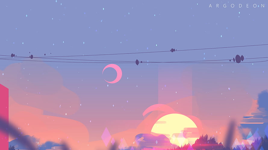 Argotheon Dreamy Sunset Skyline with Crescent Moon and Pastel Clouds HD wallpaper