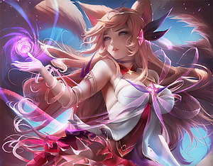 Ahri Fantasy Artwork with Fox Ears and Glowing Purple Magic HD wallpaper