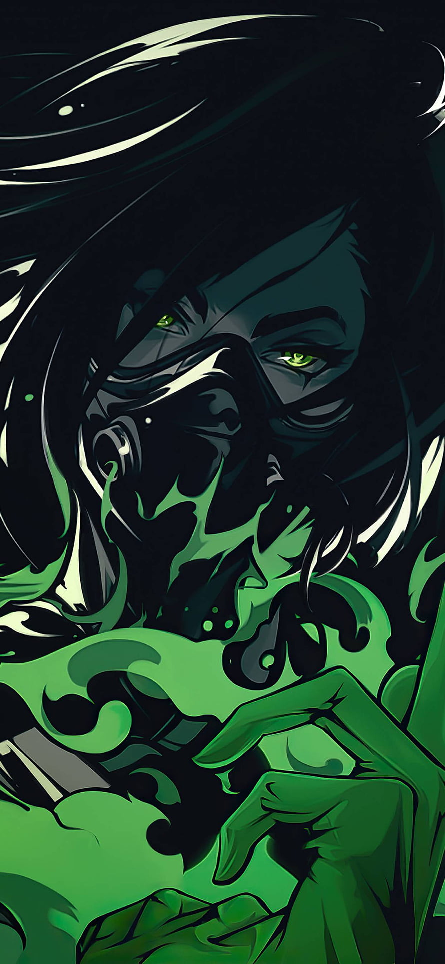 Viper Valorant Character Portrait with Green Toxic Smoke and Glowing Eyes HD phone wallpaper