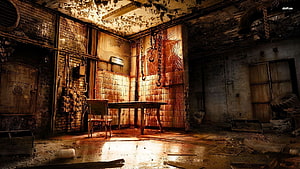 Abandoned Slaughterhouse Interior with Rusty Chains and Decaying Walls HD wallpaper