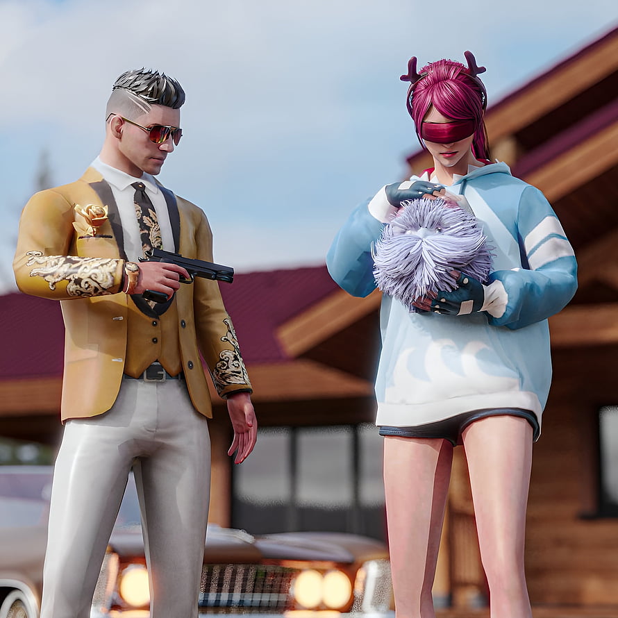 PUBG Mobile Character Art: Suited Man with Pistol and Blindfolded Woman in Hoodie HD phone wallpaper