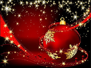 Festive Red Christmas Ornament with Golden Snowflakes and Sparkling Starry Background HD wallpaper
