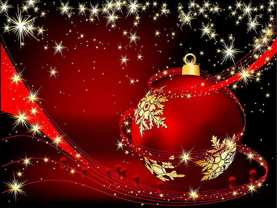 Festive Red Christmas Ornament with Golden Snowflakes and Sparkling Starry Background HD wallpaper