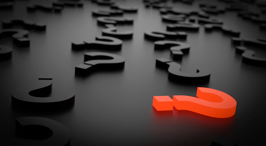 Glowing Red Question Mark Among Black 3D Symbols on Dark Surface HD wallpaper
