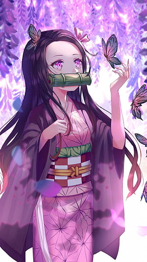 Nezuko Kamado in Pink Kimono Reaching for a Butterfly Under Blossoming Wisteria HD phone wallpaper