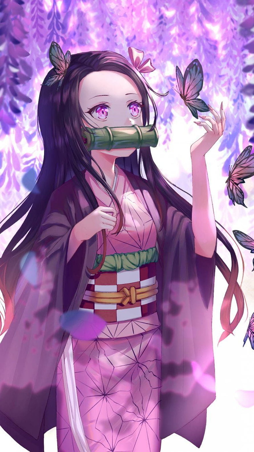Nezuko Kamado in Pink Kimono Reaching for a Butterfly Under Blossoming Wisteria HD phone wallpaper