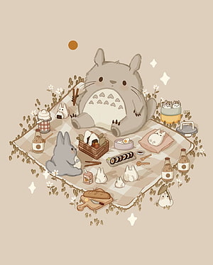 Totoro and Friends Enjoying a Cozy Picnic with Japanese Food in a Kawaii Illustration HD phone wallpaper