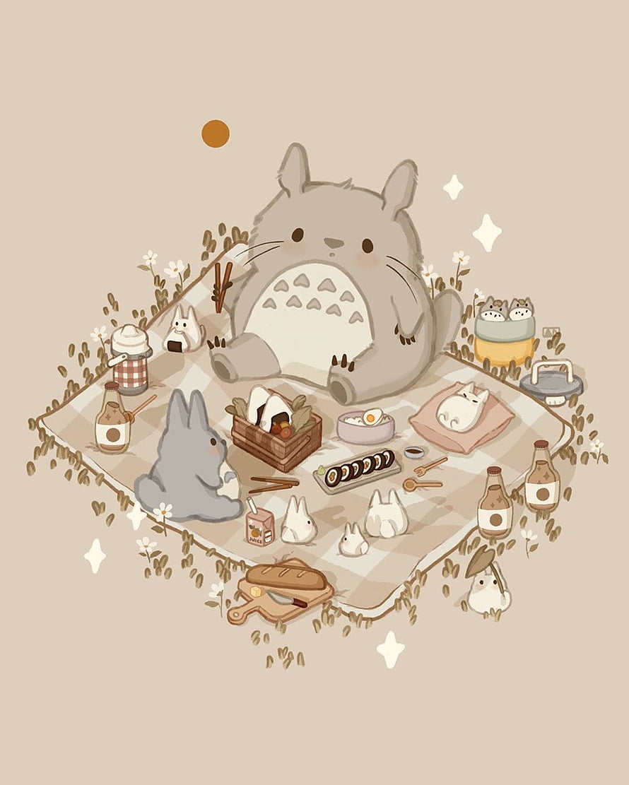 Totoro and Friends Enjoying a Cozy Picnic with Japanese Food in a Kawaii Illustration HD phone wallpaper