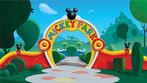 Mickey Mouse Park Cartoon Entrance Arch With Colorful Path And Green Landscape HD wallpaper