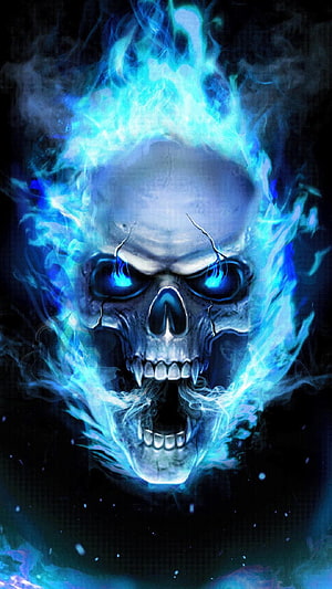 Glowing Blue Flame Skull with Fiery Eyes and Cracked Bone Structure HD phone wallpaper