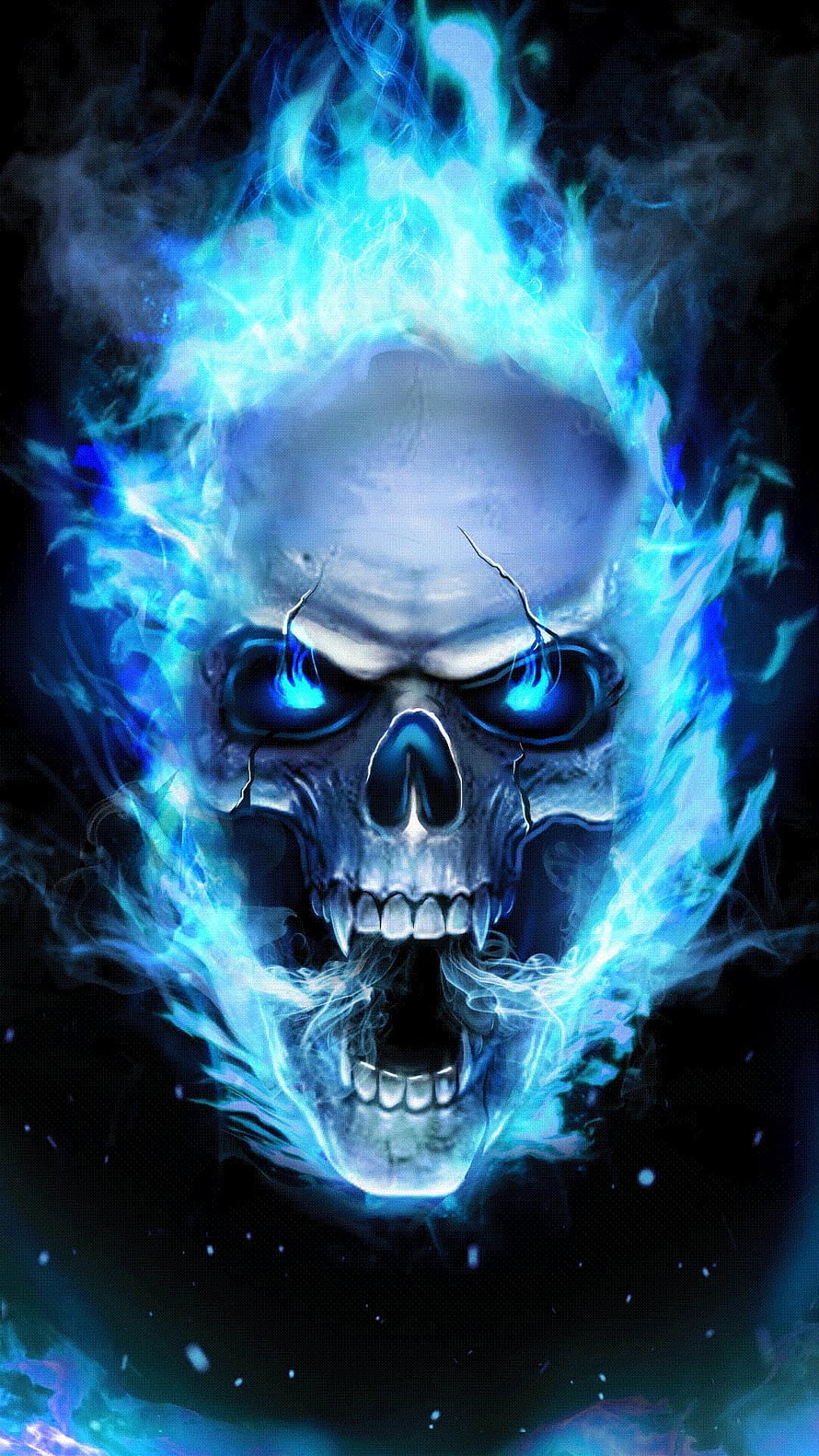 Glowing Blue Flame Skull with Fiery Eyes and Cracked Bone Structure HD phone wallpaper
