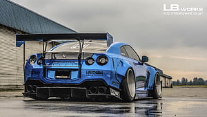 Blue Nissan GT-R Liberty Walk Widebody Kit Rear View on Wet Tarmac HD wallpaper
