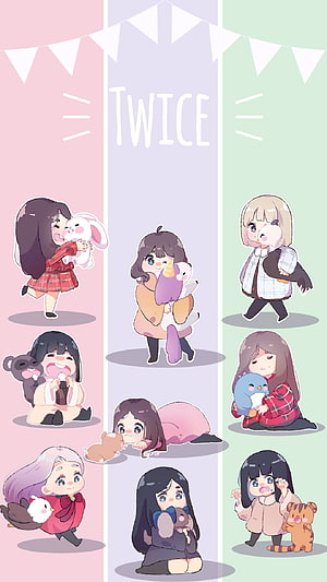 Chibi Style Illustration of Twice Members Interacting with Cute Animals HD phone wallpaper