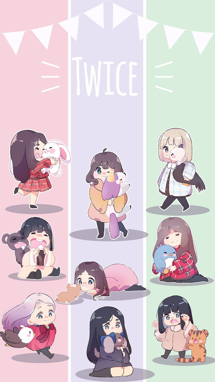 Chibi Style Illustration of Twice Members Interacting with Cute Animals HD phone wallpaper