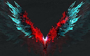 Devil May Cry 5 Stylized Wings Logo with Red and Cyan Ink Splatter on Dark Background HD wallpaper
