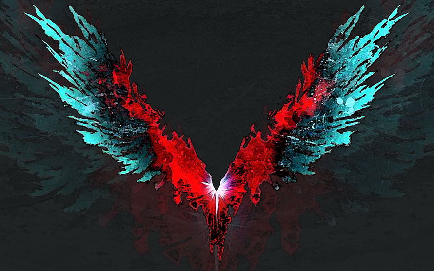 Devil May Cry 5 Stylized Wings Logo with Red and Cyan Ink Splatter on Dark Background HD wallpaper