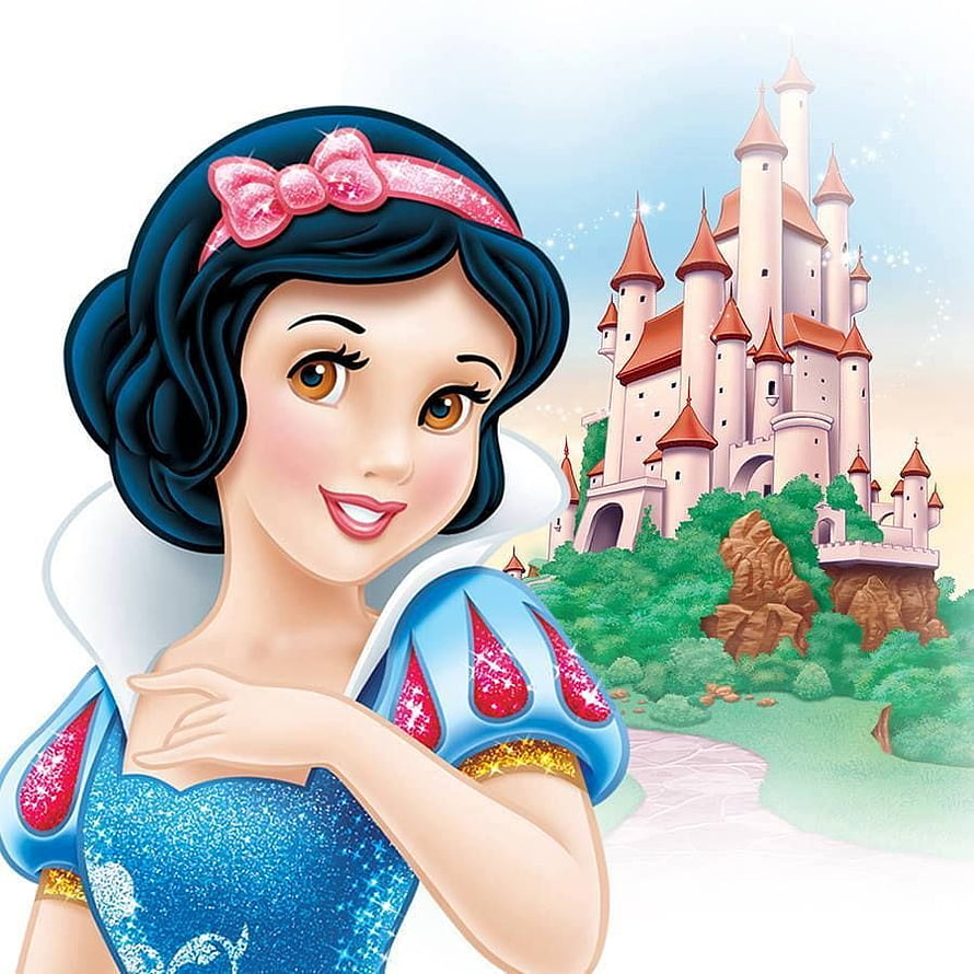 Snow White in Blue Ballgown with Pink Bow and Fairy Tale Castle HD phone wallpaper
