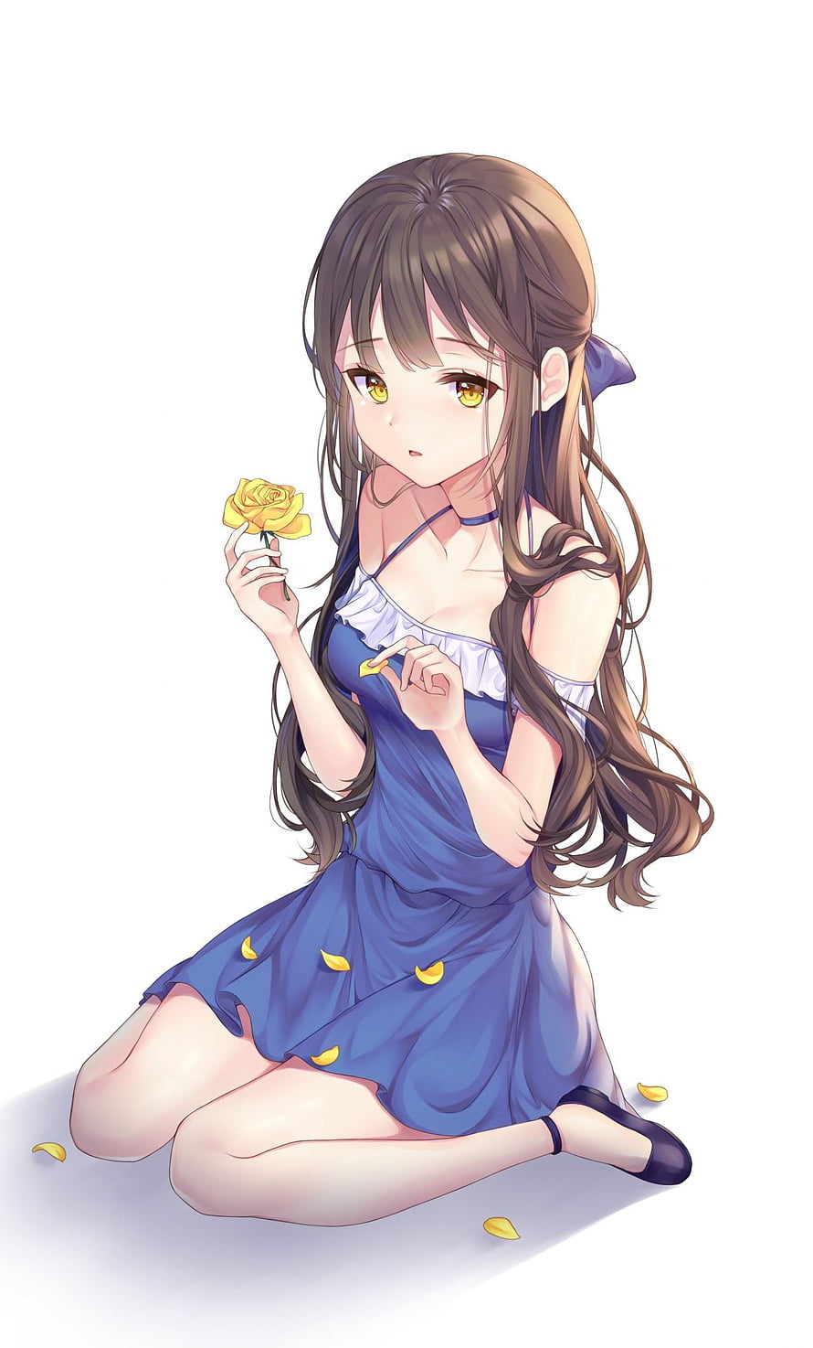 Anime Girl in Blue Dress Holding Yellow Rose with Long Brown Hair HD phone wallpaper