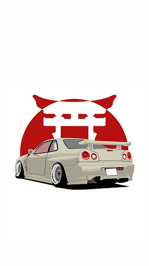 Nissan Skyline R34 JDM Illustration with Japanese Torii Gate and Red Sun Background HD phone wallpaper