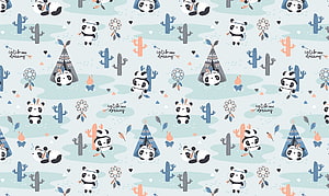 Cute Panda and Cactus Boho Pattern with Dreamcatchers and Tipis HD wallpaper