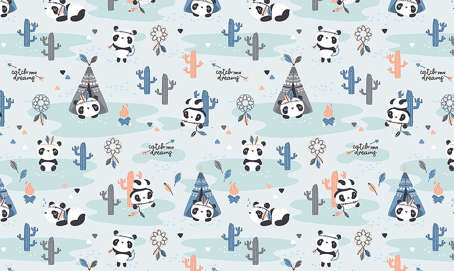 Cute Panda and Cactus Boho Pattern with Dreamcatchers and Tipis HD wallpaper
