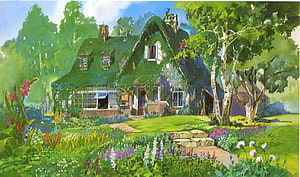 Studio Ghibli Cottage with Mossy Roof and Vibrant Garden in Watercolor Style HD wallpaper