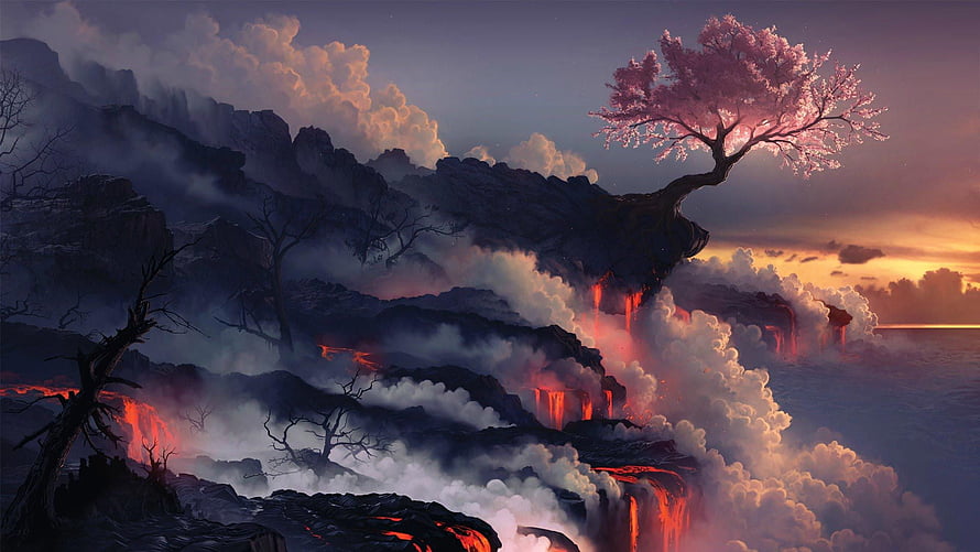 Mystical Fantasy Landscape with Glowing Cherry Blossom Tree and Lava Waterfalls HD wallpaper