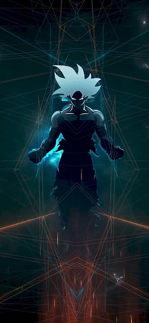 Goku Ultra Instinct Silhouette with Glowing Aura and Geometric Light Patterns HD phone wallpaper