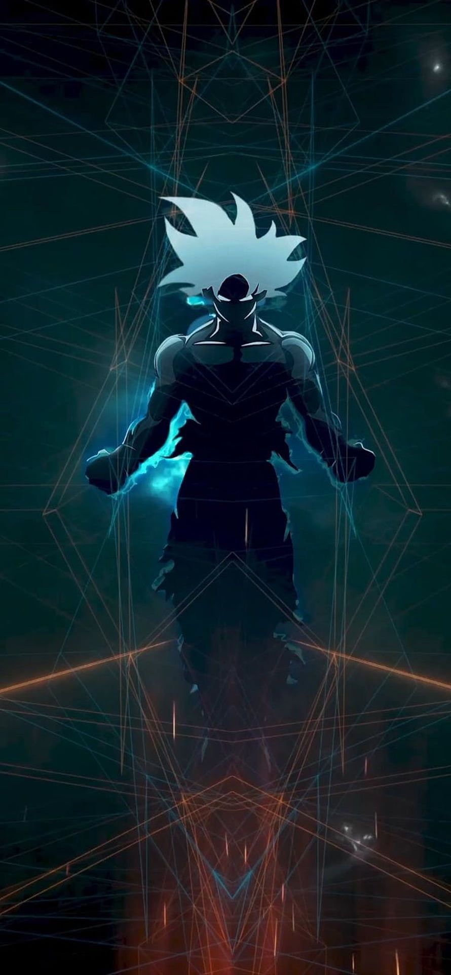 Goku Ultra Instinct Silhouette with Glowing Aura and Geometric Light Patterns HD phone wallpaper