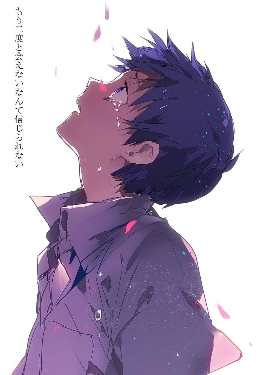 Emotional Anime Boy Crying With Tears And Falling Petals HD phone wallpaper