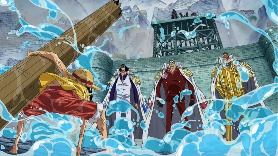 One Piece Marineford Arc: Luffy Confronts Admirals in Epic Water Battle HD wallpaper