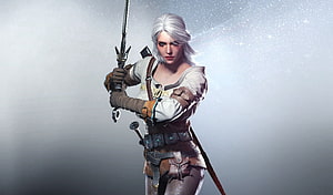 Ciri from The Witcher holding a sword in a dramatic fantasy pose HD wallpaper