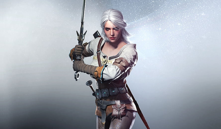 Ciri from The Witcher holding a sword in a dramatic fantasy pose HD wallpaper