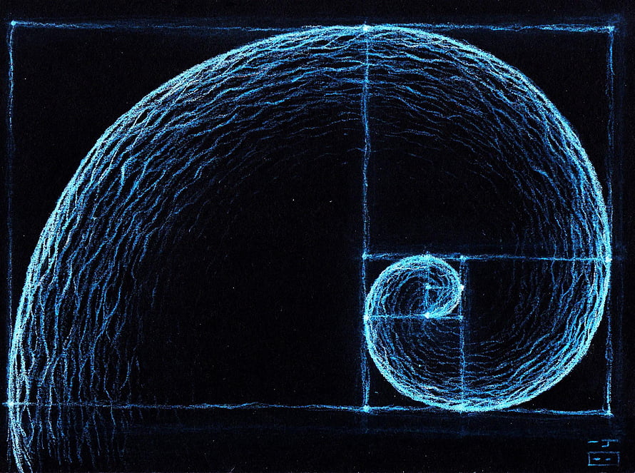 Glowing Blue Fibonacci Spiral and Golden Ratio Geometry on Black Background HD wallpaper