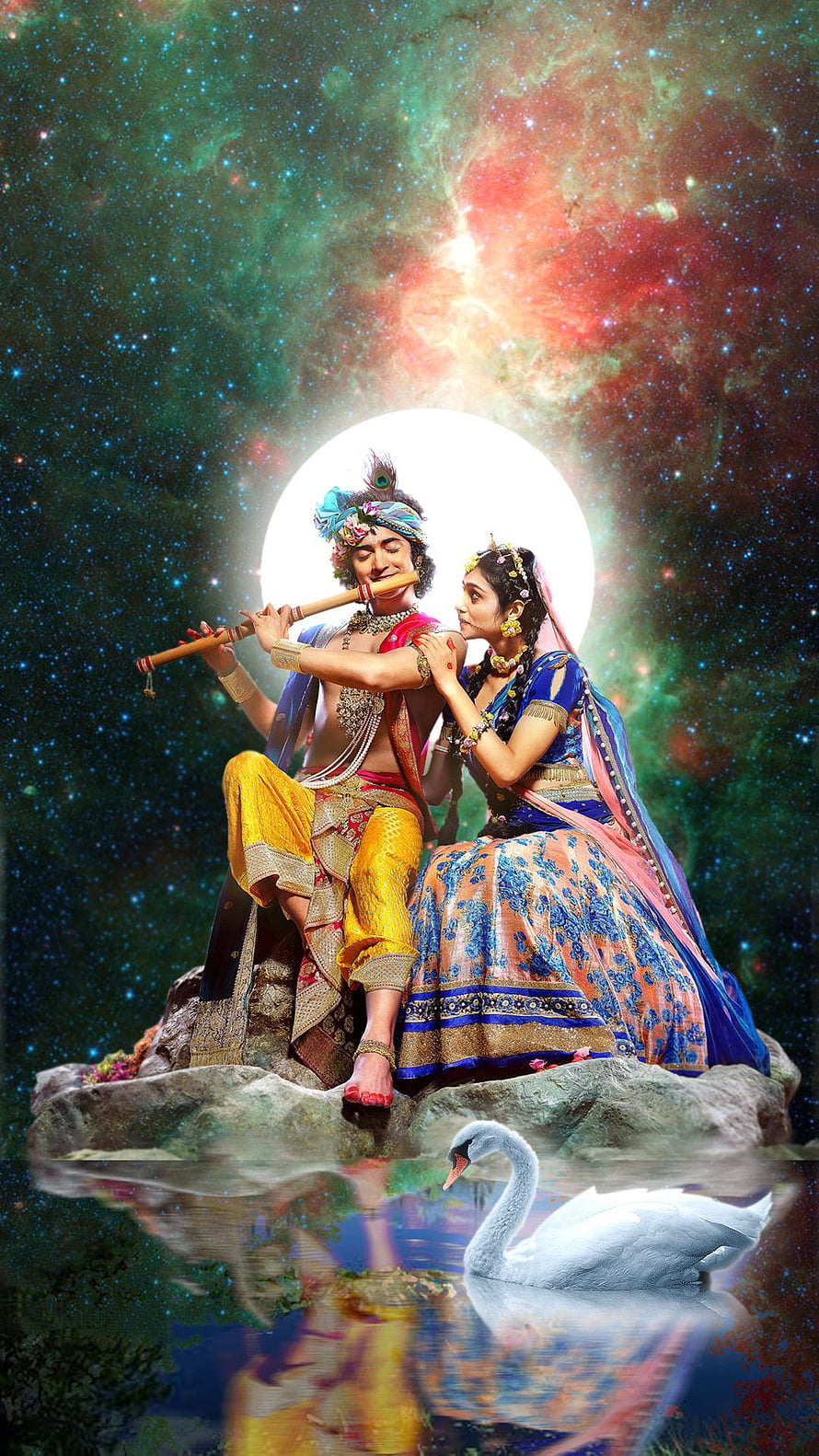 Radha Krishna Playing Flute Under Cosmic Nebula Sky With Swan HD phone wallpaper