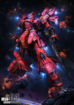 MSN-04 Sazabi Mobile Suit in Space Combat with Explosions and Laser Fire HD phone wallpaper