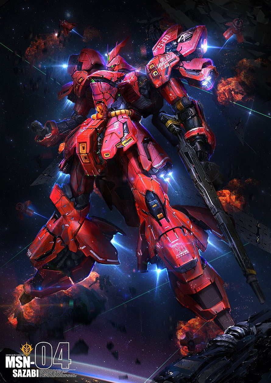 MSN-04 Sazabi Mobile Suit in Space Combat with Explosions and Laser Fire HD phone wallpaper