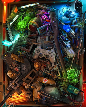 Retro Gaming Artwork Featuring Vintage Consoles, Controllers, and Military Gear in a Neon-Lit Collage HD phone wallpaper