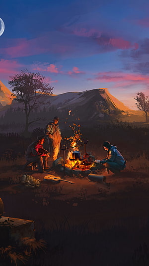 Friends gathered around a campfire at dusk with a guitar and mountain landscape in a digital illustration HD phone wallpaper