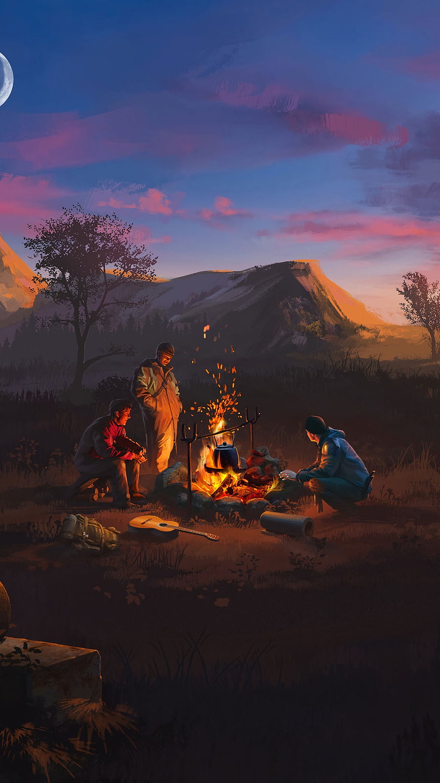 Friends gathered around a campfire at dusk with a guitar and mountain landscape in a digital illustration HD phone wallpaper