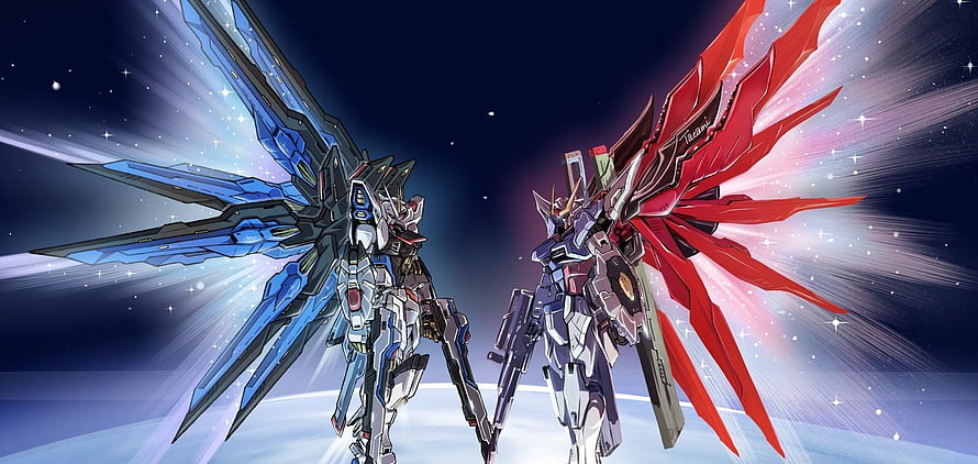 Gundam Seed Strike Freedom and Justice Mobile Suits with Winged Armor in Space HD wallpaper