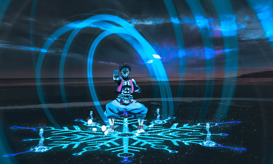 Akaza from Demon Slayer Meditating on a Glowing Blue Magic Circle HD wallpaper