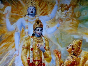 Divine Painting of Radha Krishna with Vishnu in Traditional Indian Art Style HD wallpaper