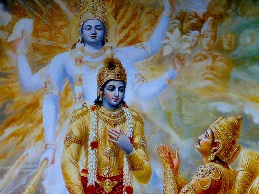 Divine Painting of Radha Krishna with Vishnu in Traditional Indian Art Style HD wallpaper