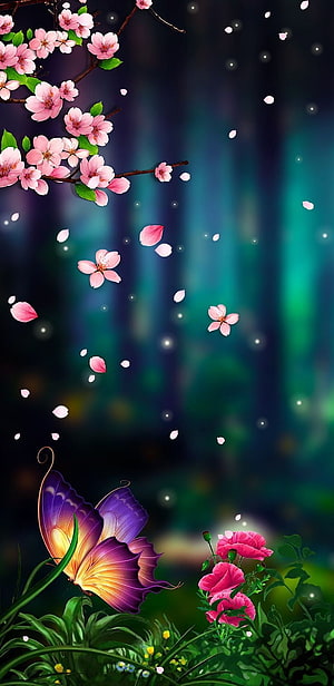 Dreamy Cherry Blossom Garden with Purple Butterfly and Pink Flowers HD phone wallpaper