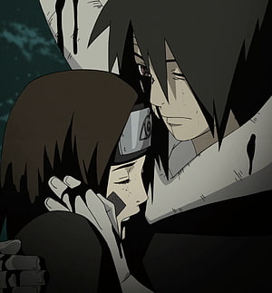 Obito and Rin Sharingan Embrace in Dark Anime Scene HD phone wallpaper
