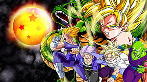 Dragon Ball Z Super Saiyan Warriors and Shenron with Dragon Ball in Space HD wallpaper