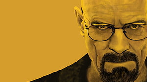 Walter White from Breaking Bad in a dramatic yellow-toned close-up portrait with glasses and goatee HD wallpaper