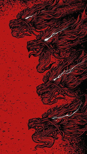 Four Fierce Dragon Heads in Black Ink on a Deep Red Background HD phone wallpaper