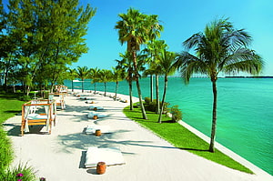 Tropical Beach Resort With White Sand, Palm Trees, and Turquoise Ocean View HD wallpaper